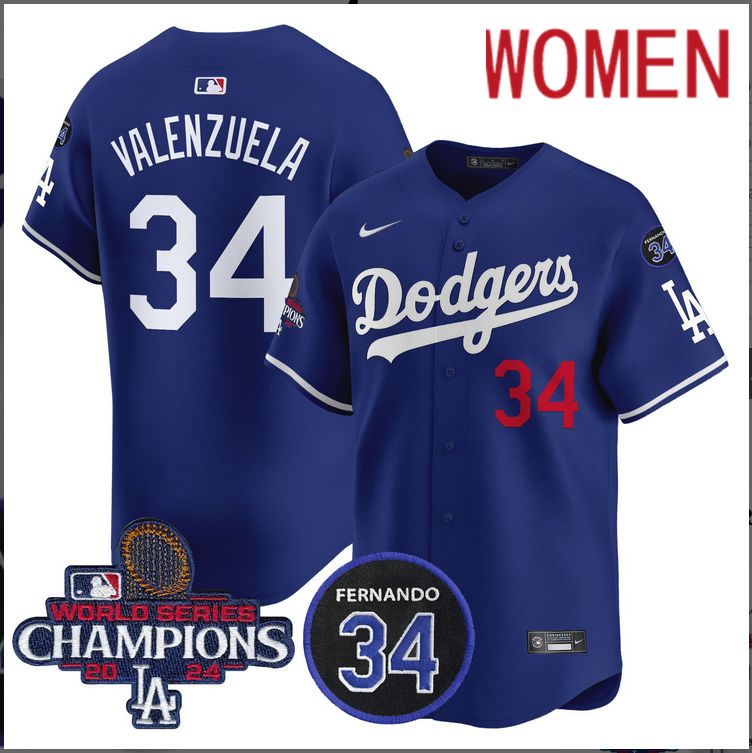 Women MLB Los Angeles Dodgers #34 Valenzuela blue 2024 World Series Champions Patch Limited Jersey